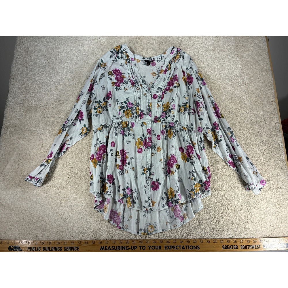 Torrid Floral Babydoll Blouse White Magenta Yellow High Low Pintuck Top Size 3